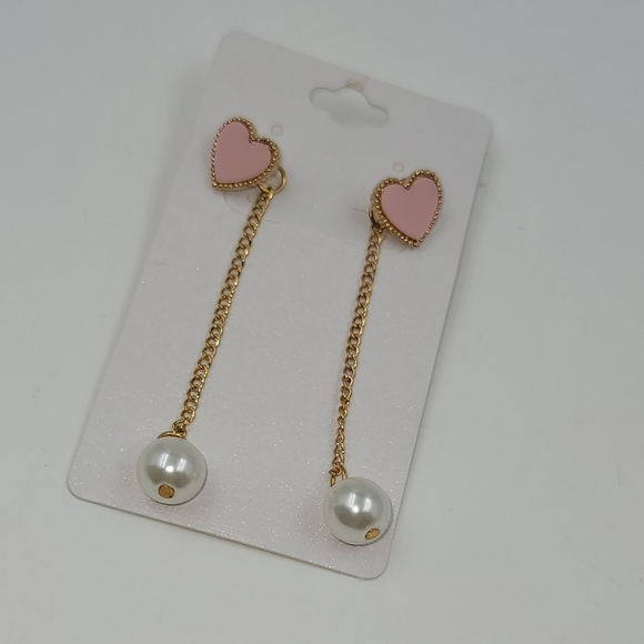 Pink Hearts and pearl dangling chain earrings with gold hardware - Picture 3 of 6
